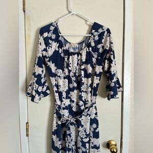 Haani Navy and Cream Floral Long Sleeve Midi Dress